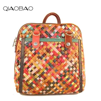 

QIAOBAO New Fashion Knitting Bag Genuine Leather Backpack Women Bags Preppy Style Backpack Girls School Bags Flower Shoulder Bag