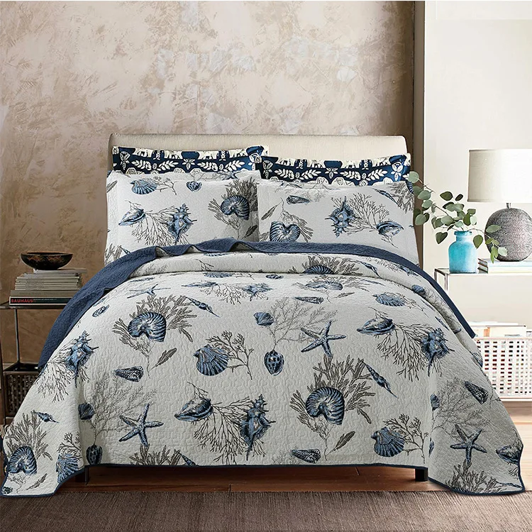 3 Pieces Country Style Sea Plant Print Washed Cotton Quilted