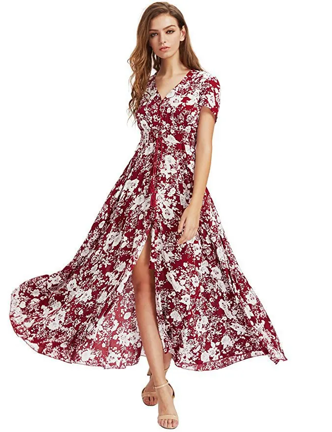 

New Women Boho Summer Long Dress 2019 Floarl Print Loose Beash Dress Holiday V-neck High Wasit Short Sleeves Maxi Party Dresses