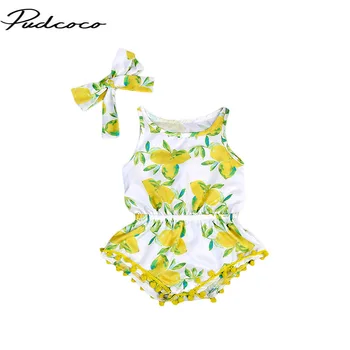 

2017 Summer Newborn Infant Baby Girl Clothes Lemon Printed Floral Romper+Headband Tassel Jumpsuit Outfit Playsuit Clothes