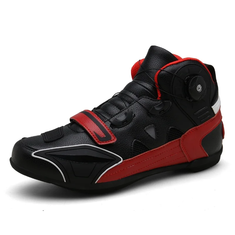 Gomaround Мужские ботинки в байкерском стиле и женские высокие ботильоны Кроссовки для бега Байкерская кожа из микрофибры дышащие гоночные мотоциклетные ботинки - Цвет: Black Red