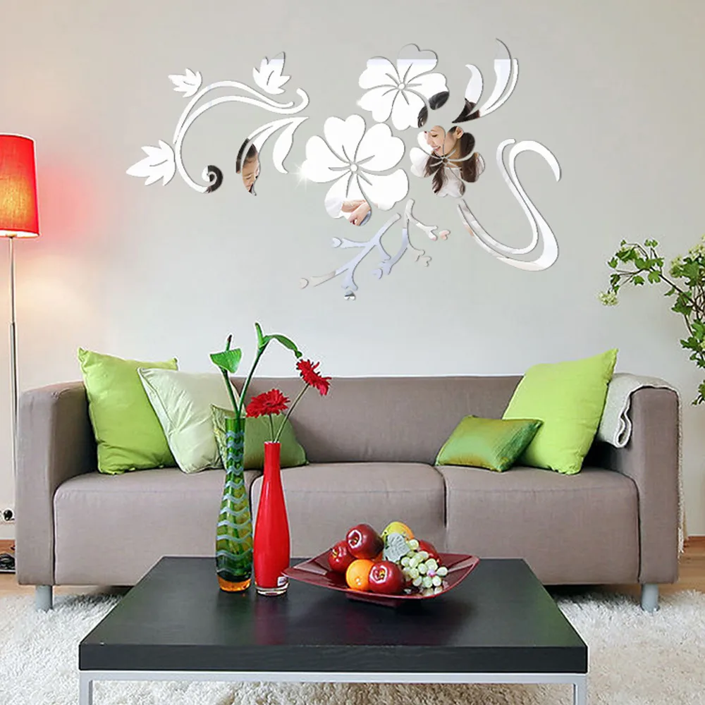 Modern 3D Flower Mirror Wall-Sticker Art DIY Decal Mural Removable Room Decors 