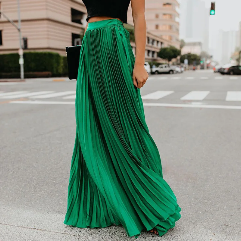 Holiday Style Pleated Women Skirts Ladies Solid Color Elastic High Waist Skirt Autumn Spring Casual Long Maxi Skirt Falda Larga