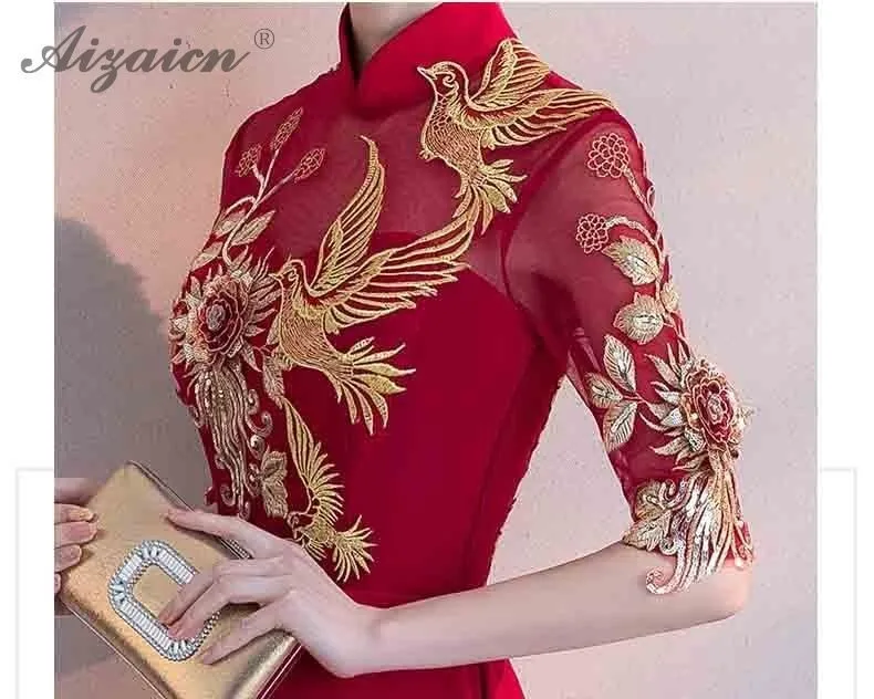 Красный невесты короткий Cheongsam Современная вышивка Qi Pao женский китайский традиционный свадебный платье Ципао Chinoise вечерние платья