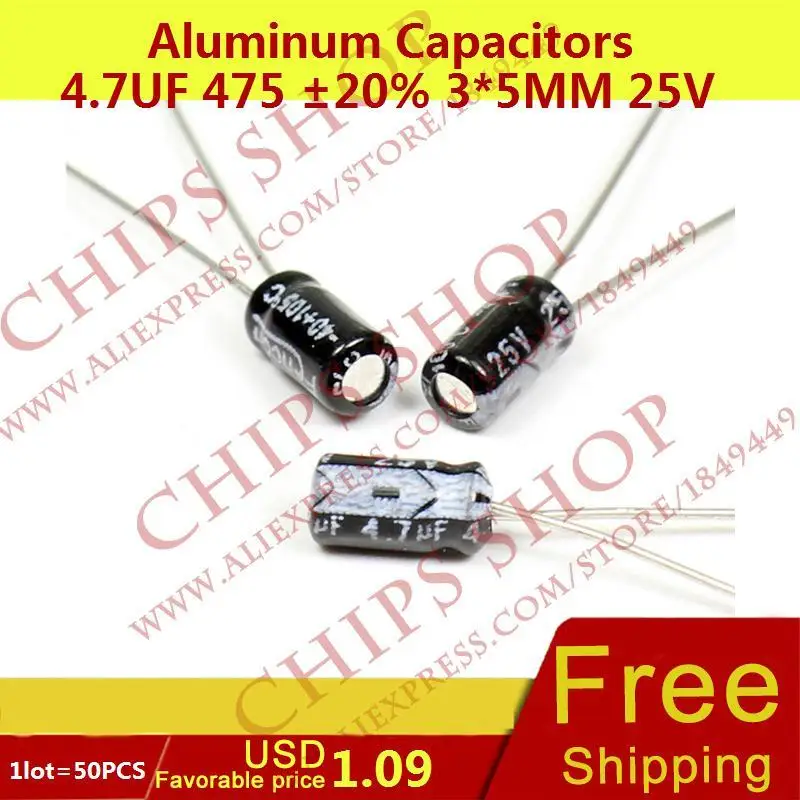 1LOT=50PCS Aluminum Capacitors 4.7uF 475 20 3*5mm 25V 4700nF 4700000pF