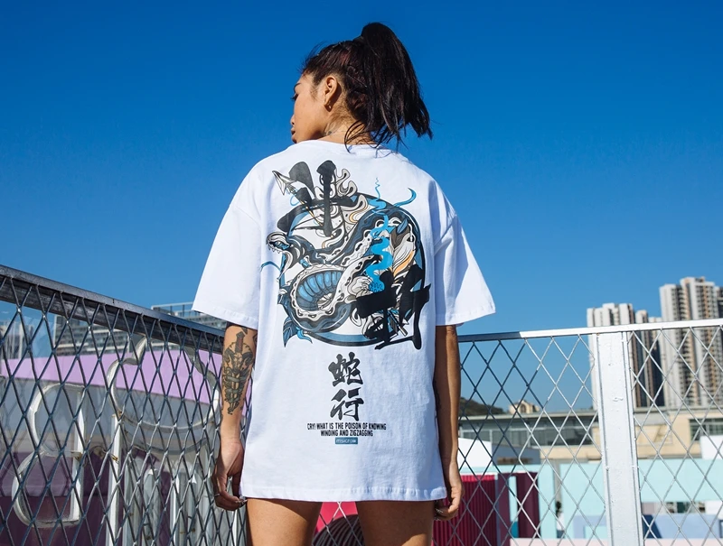 Японский дьявол змеиный принт футболки крутой треет модная мужская футболка хлопок Tid хип-хоп свободная футболка с короткими рукавами унисекс