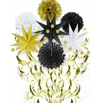 

Gold Theme Party Decoration Set Pom Poms Star Lantern Circle Garland Foil Dangling Swirls Polka Dot Fan for Wedding Birthday