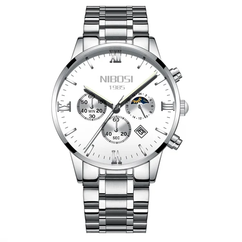 NIBOSI, роскошные Брендовые мужские часы, полностью стальные мужские часы, золотые часы, мужские спортивные водонепроницаемые часы, Relogio Masculino 1985 Saat - Цвет: Silver white s