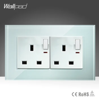 

Double 13A UK Switched Socket Wallpad White Glass 146*86mm Push Button Switch and 13A UK Socket With LED Light Free Shipping