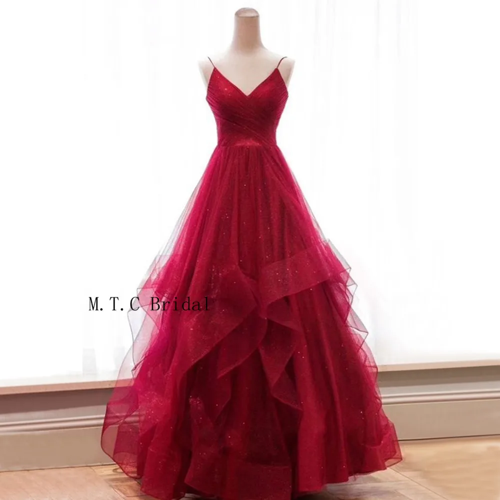 

Bling Burgundy Tulle Evening Dress Spaghetti Strap Tiered A Line Long Occasion Dresses 2019 Custom Made Wedding Party Gown Cheap