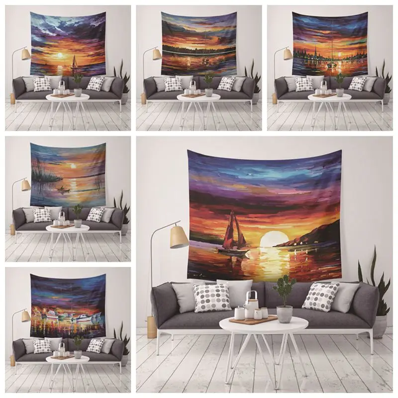

RUBYLOVE European And American Oil Painting Sunset Forest Wind Beach Lighthouse View Tapestry Wall Hanging