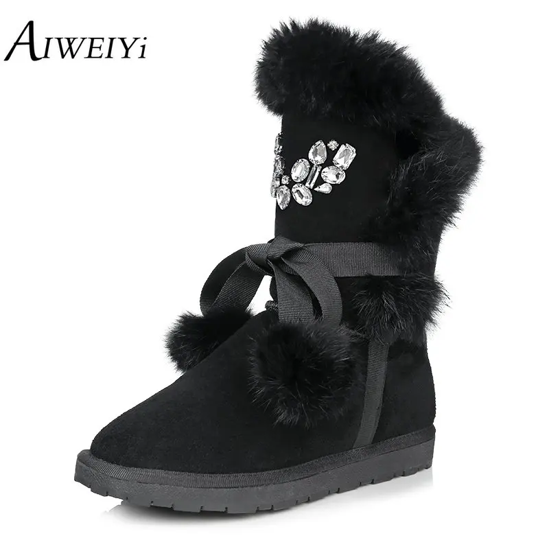 

AIWEIYi Brand Women Boots 2019 New Fashion Genuine Leather Mid-calf Boots Black Grey Natural Wool Fur Warm Winter Snow Boots
