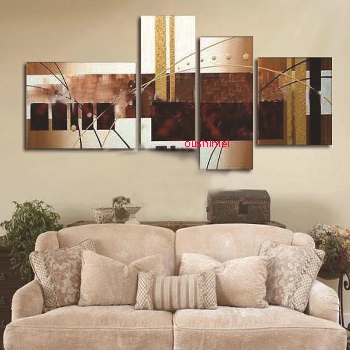 

Hand-painted 4P Wall Art Abstract Brown Oil Painting On Canvas Home Decor Landscape Picture For Bedroom Gift Paintings