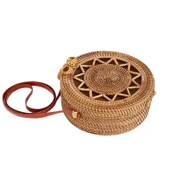

Bohemia Style Handmade Vintage Rattan Straw Woven Bag Round Cutout Five-pointed Star Pattern Beach Home Storage Bag For Women