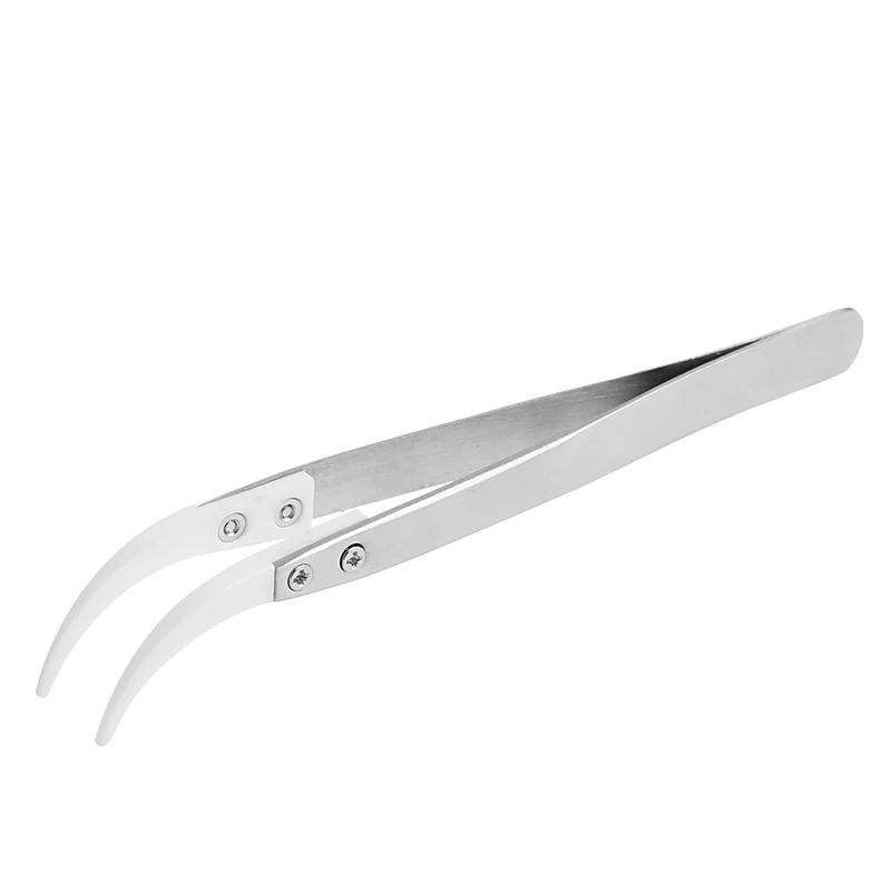 

Stainless Steel Handle Ceramic Heat Resistant Tip Curved Tips Tweezers Silver Industrial Repair Tools