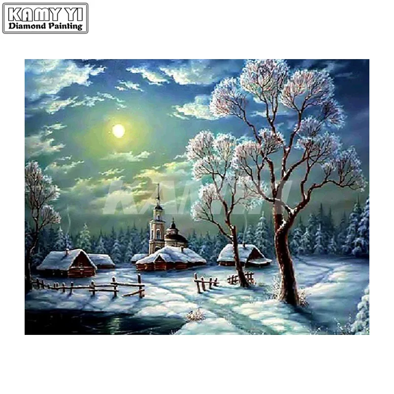 Nature Snow Night Cottages Scenery picture Diamond Embroidery Needlework Diamond Painting cross stitch Mosaic home decor
