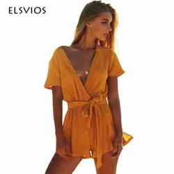 ELSVIOS Sexy Глубокий V средства ухода за кожей шеи трикотажные женские Комбинезоны для малышек для женщин короткий рукав пояса