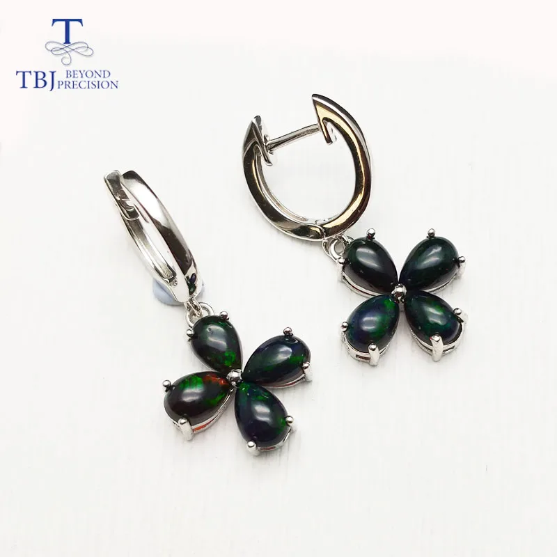

TBJ,new clasp design earring with dyed black opal gemstone earring in 925 sterling silver cute flower shape for girls as a gift