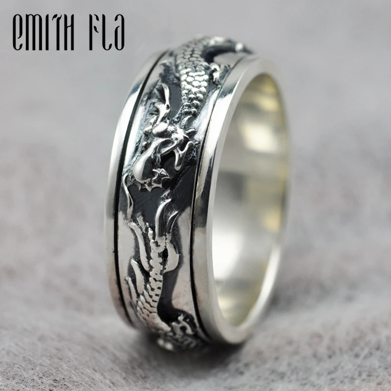 

Genuine 100% 925 Sterling Silver Vintage Punk Dragon Rotating Ring For Men Fashion Jewelry