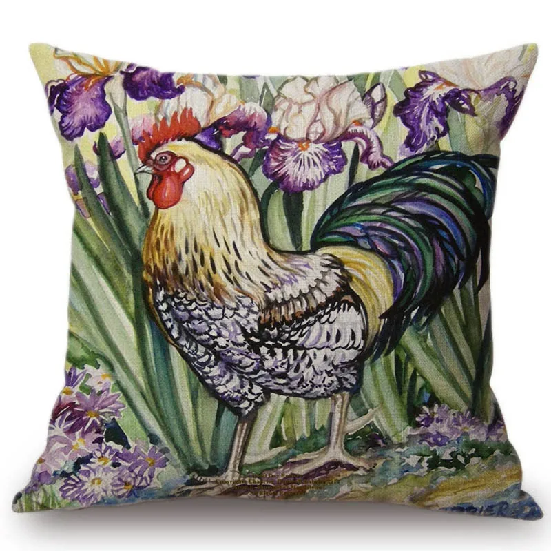 

18" Water Color Rooster Coq Daffodil Painting Home Decor Pillow For Sofa Linen Cotton Square Car Pillow Case Cushion Cover 45x45