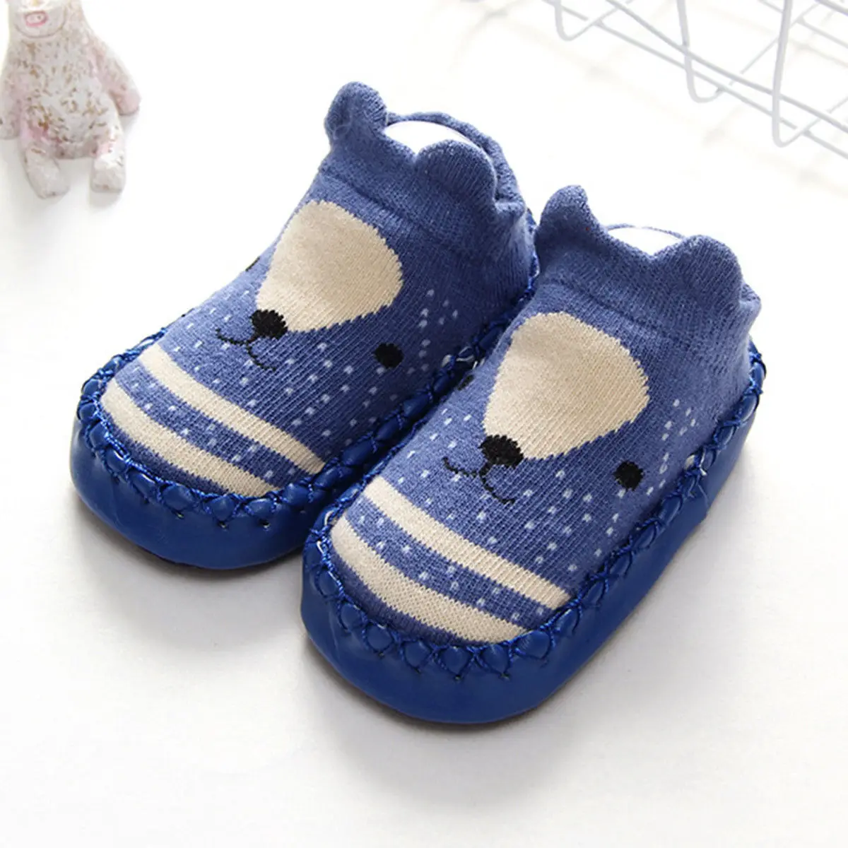 Детская обувь для новорожденных мальчиков и девочек; теплая Осенняя обувь с героями мультфильмов; мягкие тапочки; носки - Цвет: Navy Blue