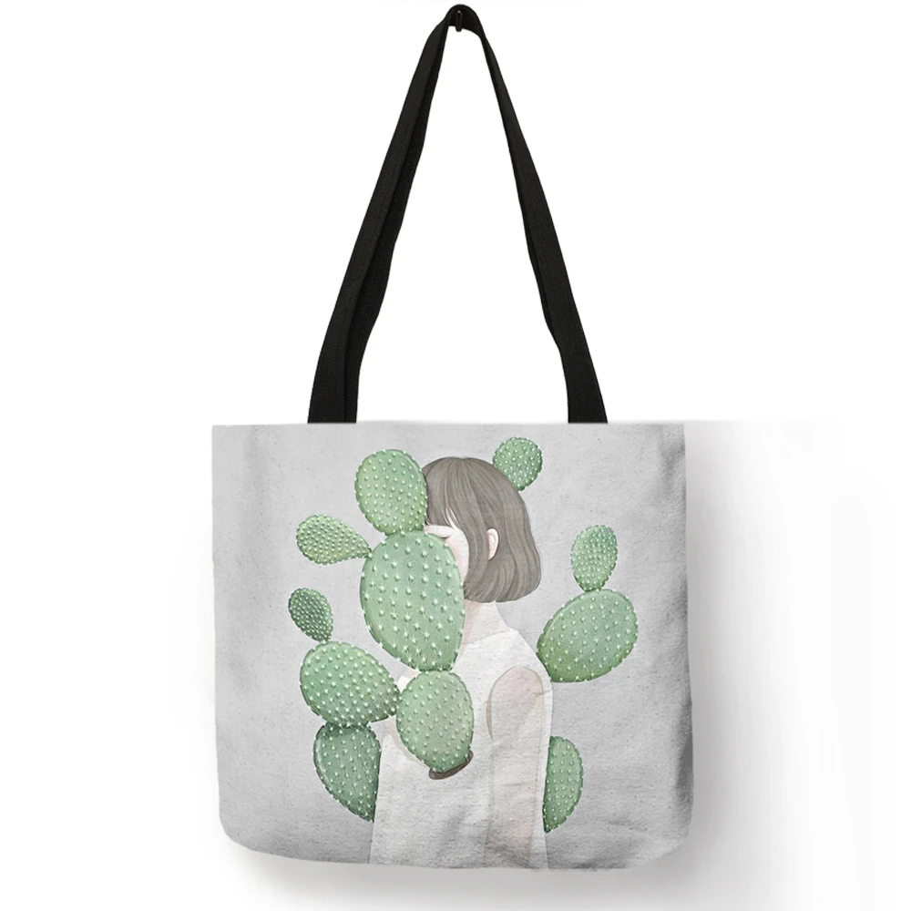 

Beautiful Pattern Women Bags Cactus Girl Painting Solid Handbag Eco Linen Reusable Work Shopping Casual Practical Men Totes