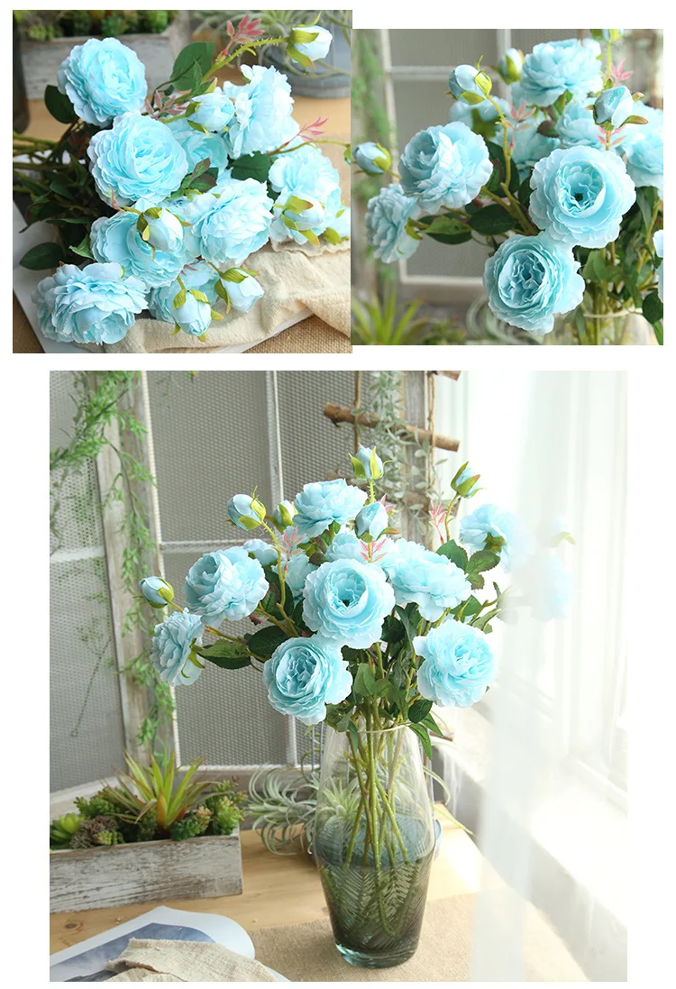 JAROWN European Rose 3 Head Peony Simulation Silk Flower Wedding DIY Accessories Home Decoration Flowers (10)