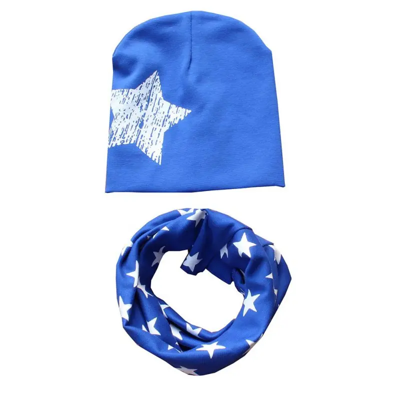 Детская шапка, шарф+ набор с шапочкой, осенне-зимний хлопчатобумажный шарф-воротник, теплые шапочки, принт со звездой, наборы шапка с шарфом, аксессуары ht - Цвет: Deep Blue