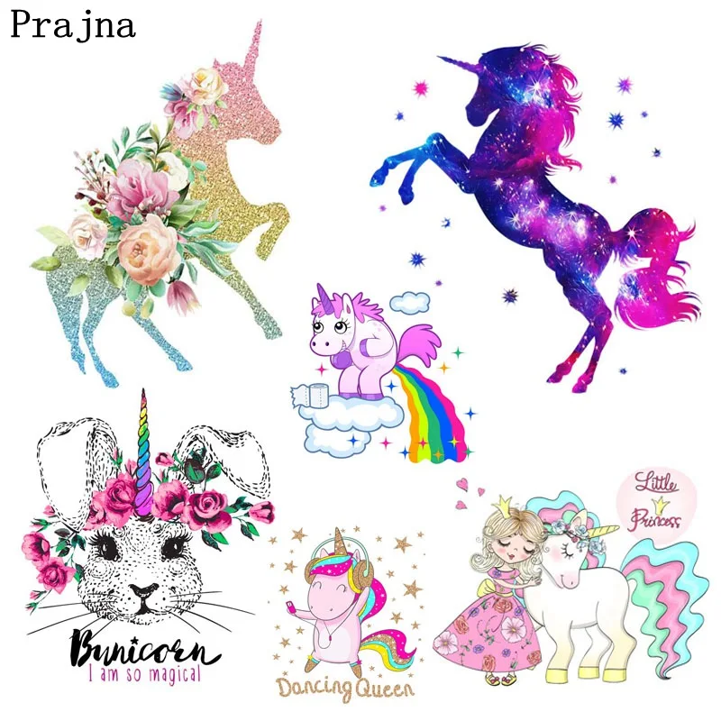 

Prajna Cute Unicorn Cartoon Heat Transfer Iron Stickers Stripe On Clothes Patches For Clothing Iron Thermal Vinyl Patches DIY