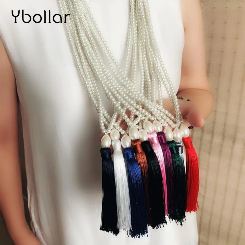 

Fashion Women Simulated Pearl Necklace Silk Tassel Pendant Long Necklace Sweater Chain Jewelry