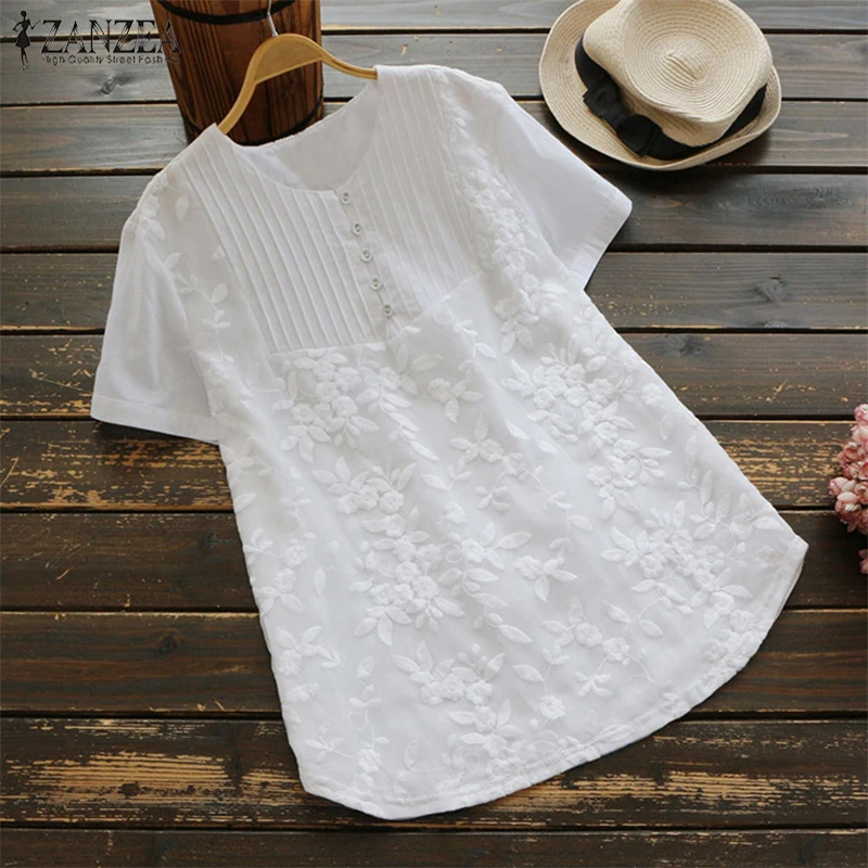 

2019 S-5XL ZANZEA Summer Casual Patchwork Shirt Women Short Sleeve Elegant Embroidery Blouse Loose Work Top Cotton Linen Blusas
