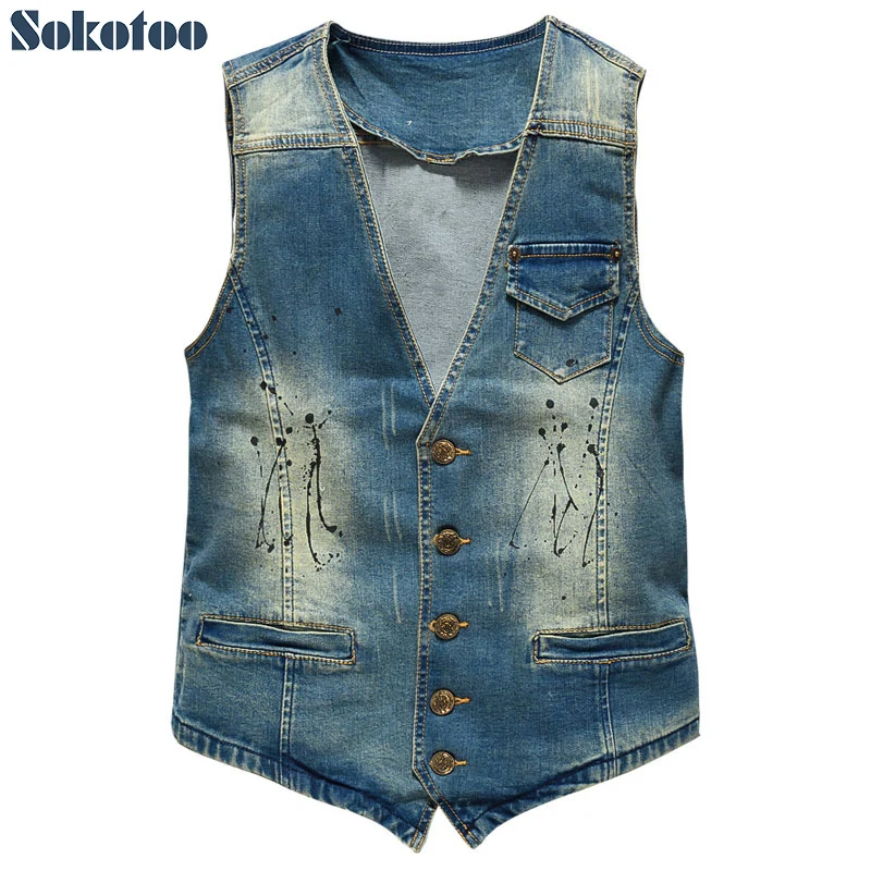 

Sokotoo Men's vintage slim denim vest Male casual coat Tank top Free shipping