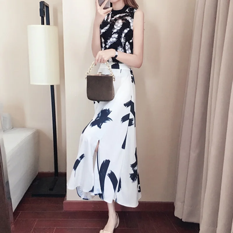 

Temperament Two Piece Set Women Sleeveless Feather Print Tops + Side Split Maxi Skirt Suits Two Piece Office Work Woman Clothes