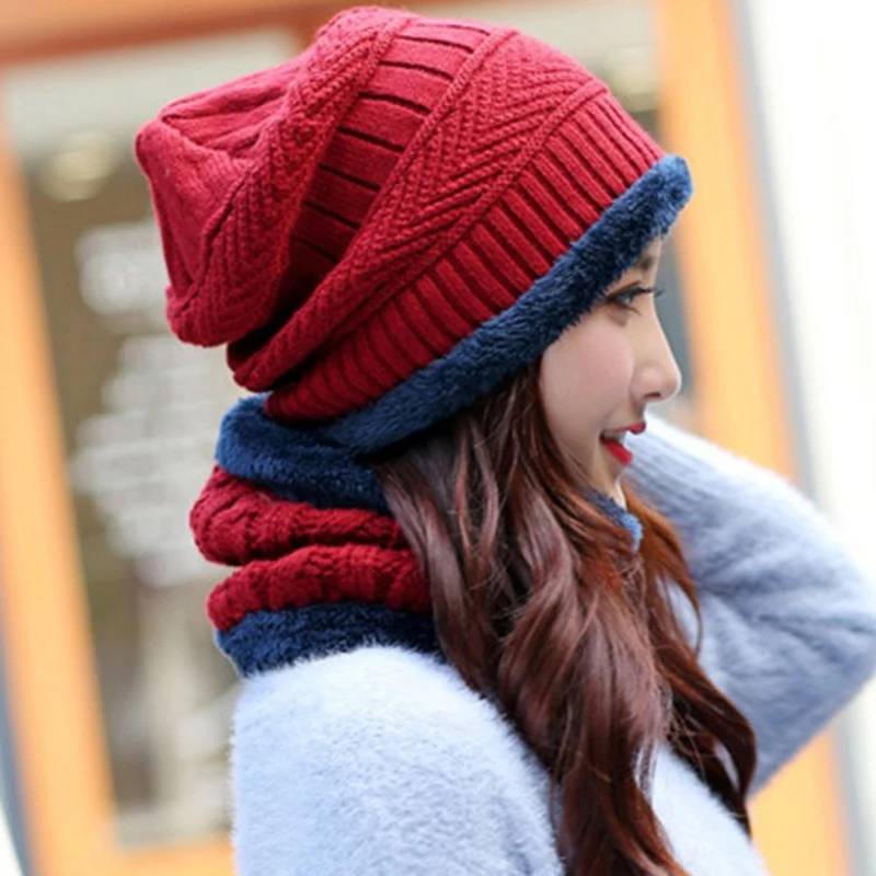 Модные для мужчин женщин зимние теплые вязаная мешковатая шапка-бини шляпа лыжный кепки шарф комплект девушка шейный платок шапочка