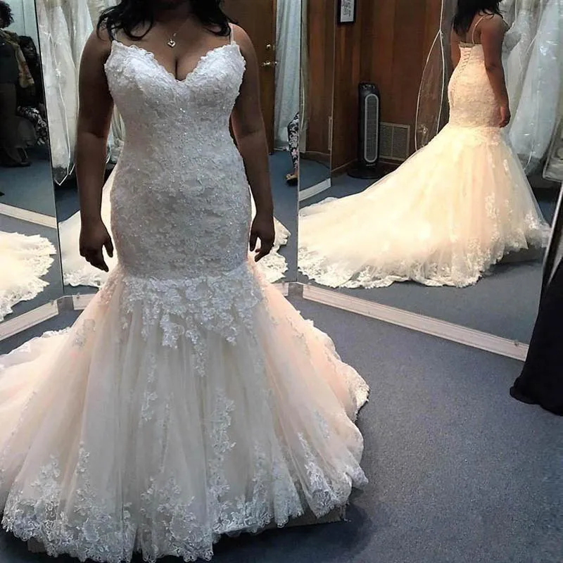 

Gergous Mermaid Spaghetti Strap Wedding Dresses Sweep Train Lace Appliques African Bridal Gowns