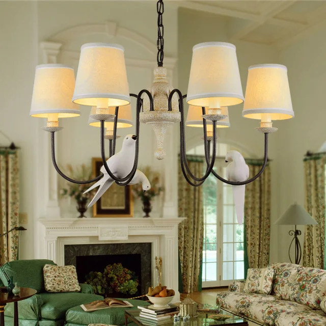 Cottage-Bird-Chandelier-Living-Room-Stair-Light-Black-Iron-Retro-Resin-Country-Style-Flaxen-Fabric-Lampshade.jpg_640x640