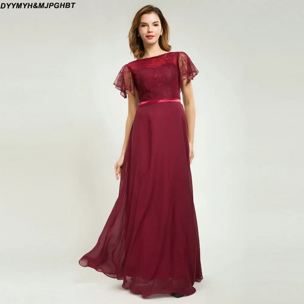 Burgundy Chiffon Bridesmaid Dresses Short Lace Sleeve Scoop Neck ...