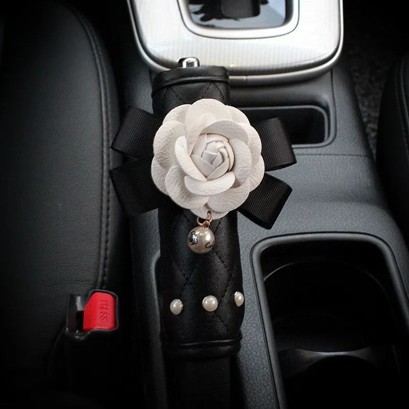 Pearl-Camellia-Flower-Leather-Car-Hand-Brake-Shift-Knob-Cover-Gear-Case-Car-Interior-Decor-Seat-Belt-Cover-Rearview-Mirror-22