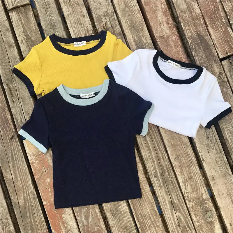 80s90s девушка секс короткая футболка женская однотонная хлопковая цветная рубашка