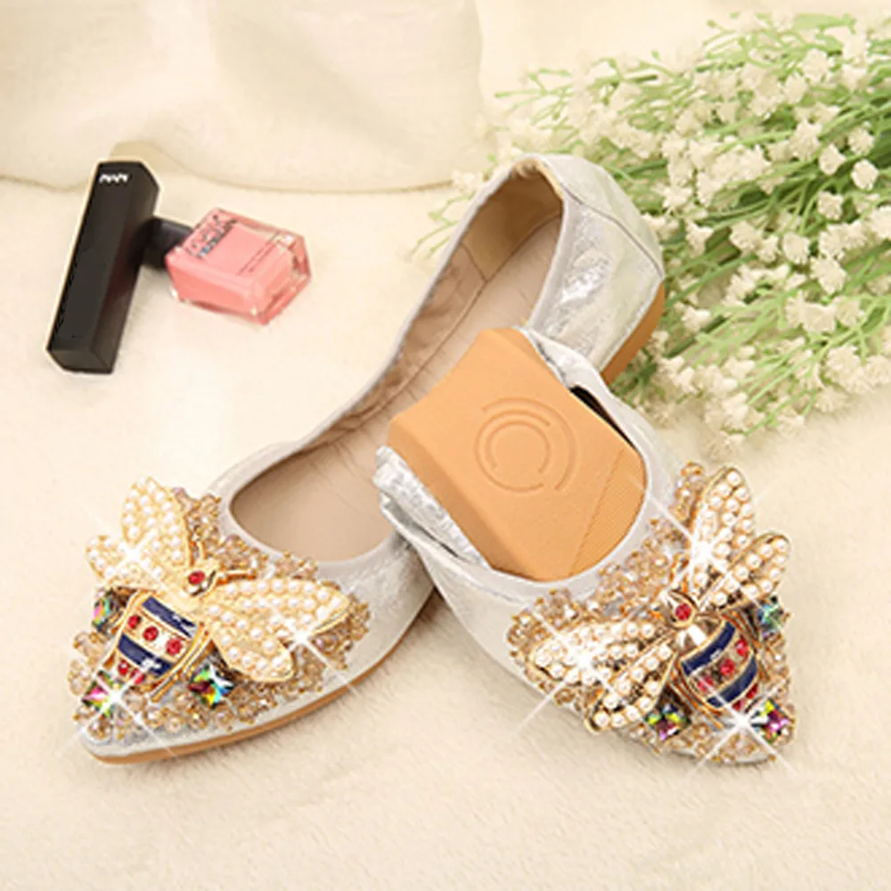 YOUYEDIAN ballerina Woman Plus Size Crystal Flat Shoes Comfortable Rhinestone Soft Bee sandalias mujer planas casual#G30