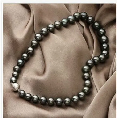 

Jew3116 stunning 10-11mm tahitian round black green pearl necklace