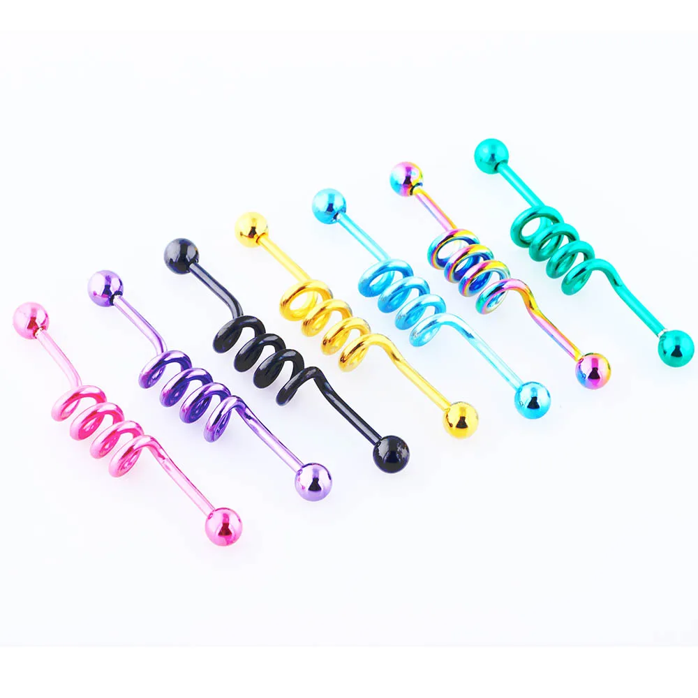 Industrial Barbell Earring Stainless Steel 14 Gauge Cartilage Earring Body Piercing 1 1/2 Inch(38mm)- Straight Coil Wave Twiste