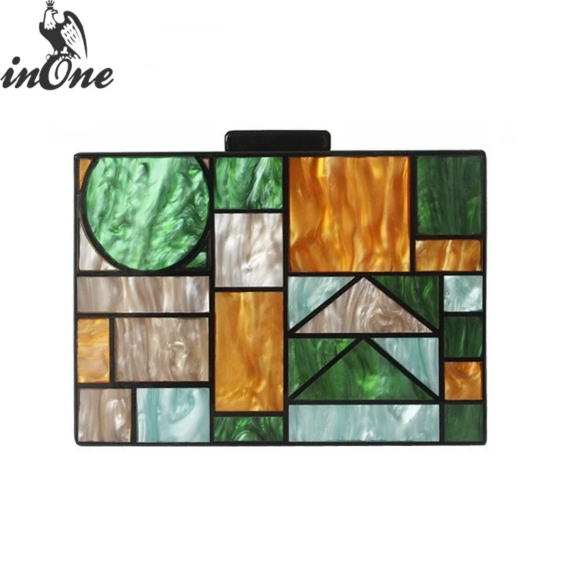 

INONE Peacock Green Patchwork Wedding Bridal Party Evening Bag Acrylic Clutch Shoulder Crossbody Bag for Women 2019 Box Purse