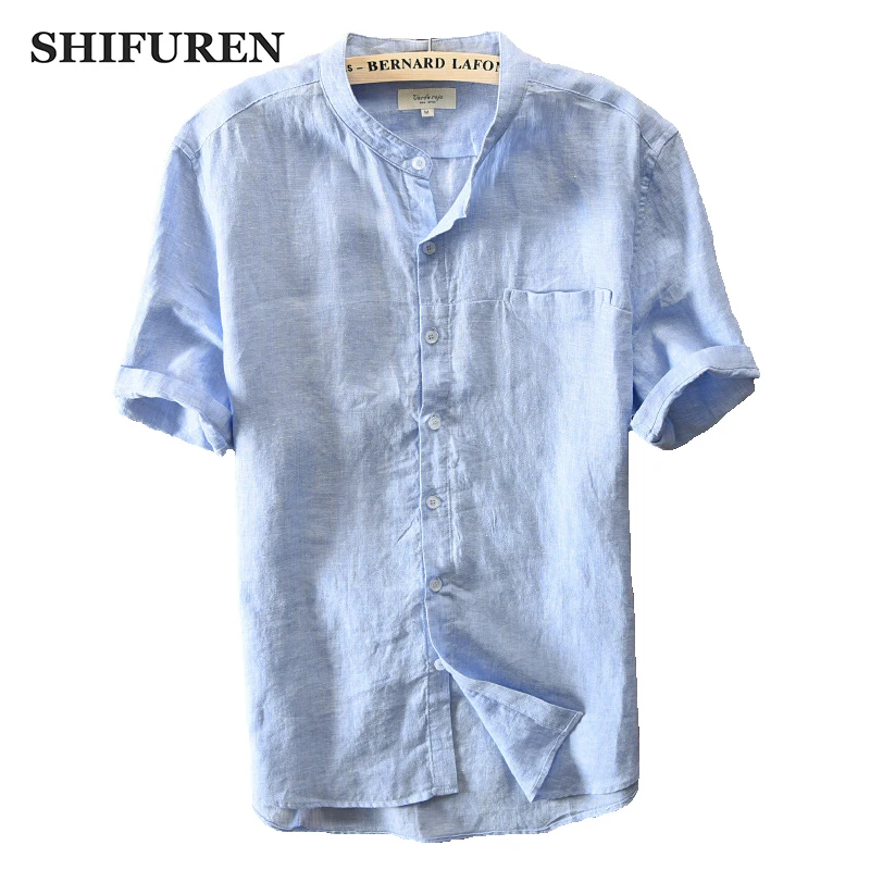 SHIFUREN New Summer Causal Men Shirts 100% Pure Linen Breathable Short Sleeve Mandarin Collar Shirts Size M-XXXL Male Clothing