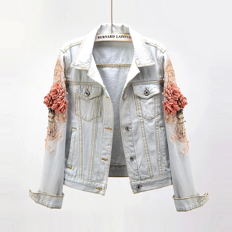 

2019 spring and autumn new embroidered three-dimensional flower Slim long-sleeved denim jacket female short jacket 1966