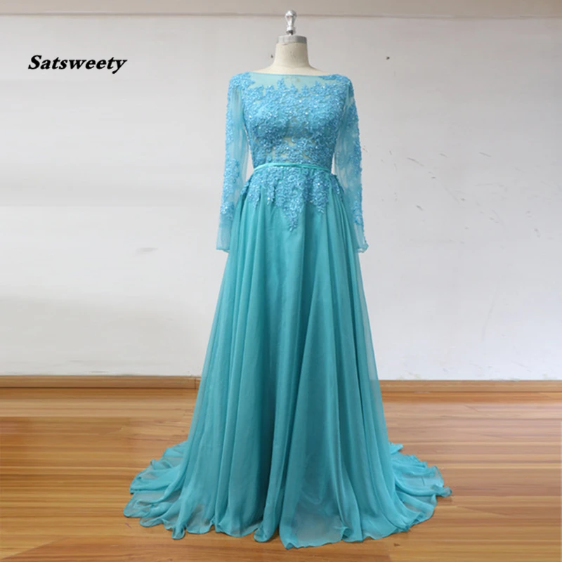

Real Image Long Sleeves Prom Dresses Slash O Neck Appliques Beading Chiffon Floor Length Evening Party Gowns