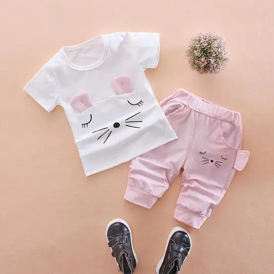 2Pcs Baby Kids Girls Top+Short Pants Summer Suits Cute cat Cartoon