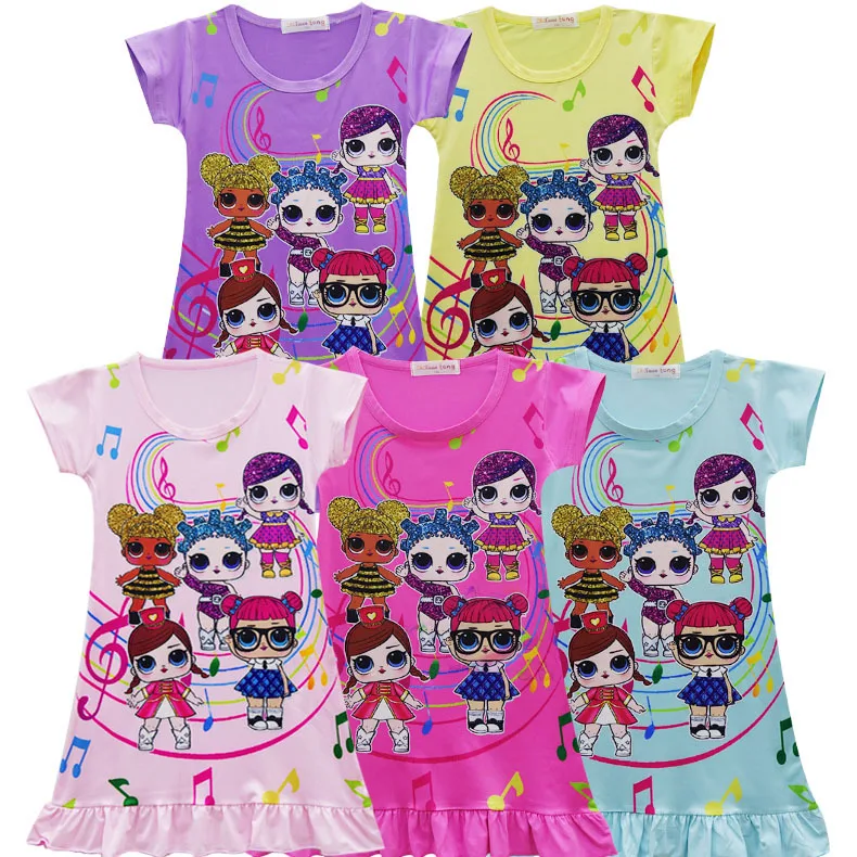

2018 Kids Girls Short Sleeves Nightgowns Cute Cartoon Surprise Doll Printed Summer Nightdress Sleepwear 2-12 Years Old Wear