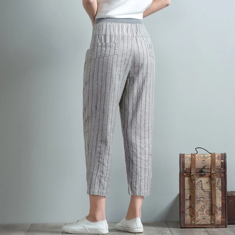 Plus Size Cotton Linen Harem Pants Women Spring Summer High Waist Striped Pockets Pants Casual Elas