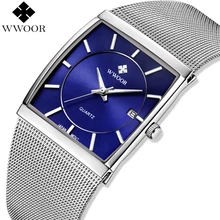WWOOR Для мужчин s часы люксовый бренд квадратный Водонепроницаемый Дата кварцевые часы Для мужчин наручные Сталь сетки Бизнес мужской часы Серебряный Синий